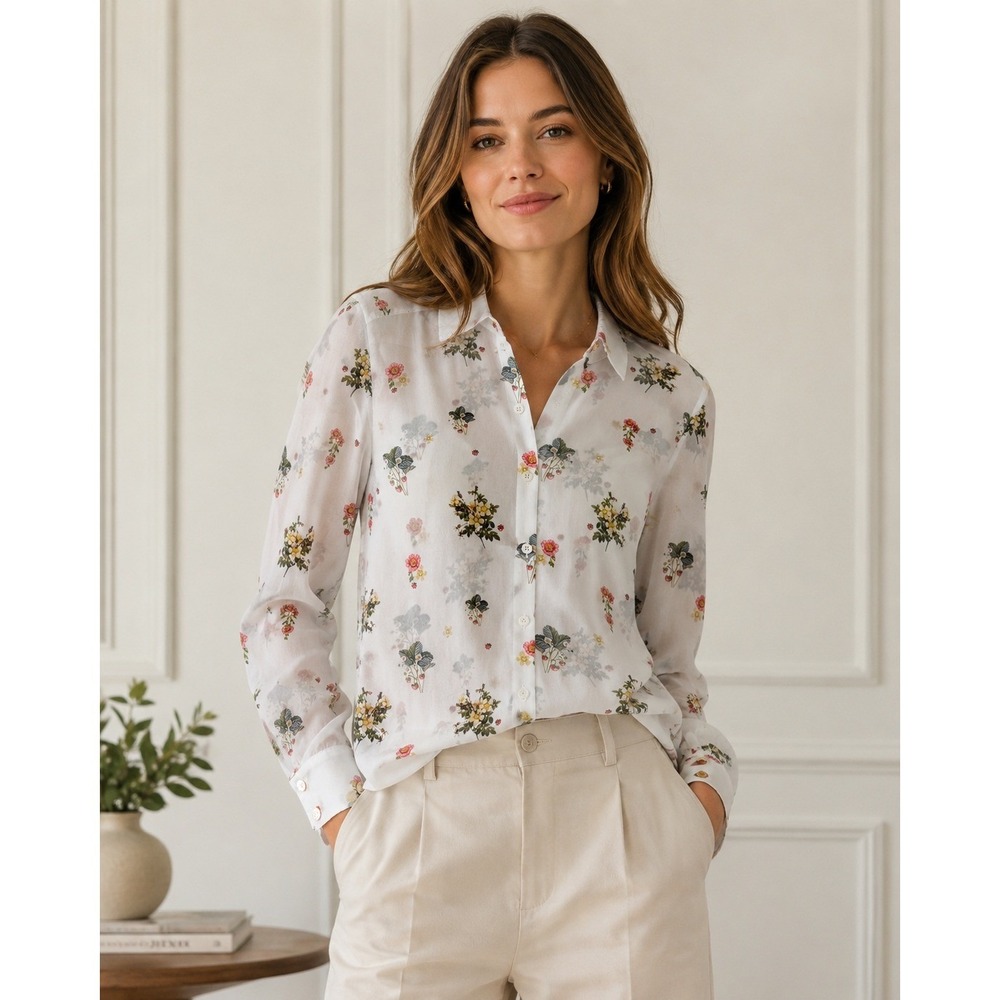 Ted Baker Shirt Womens 1 White Floral Simma Blouse Cottagecore‎ Sheer Garden